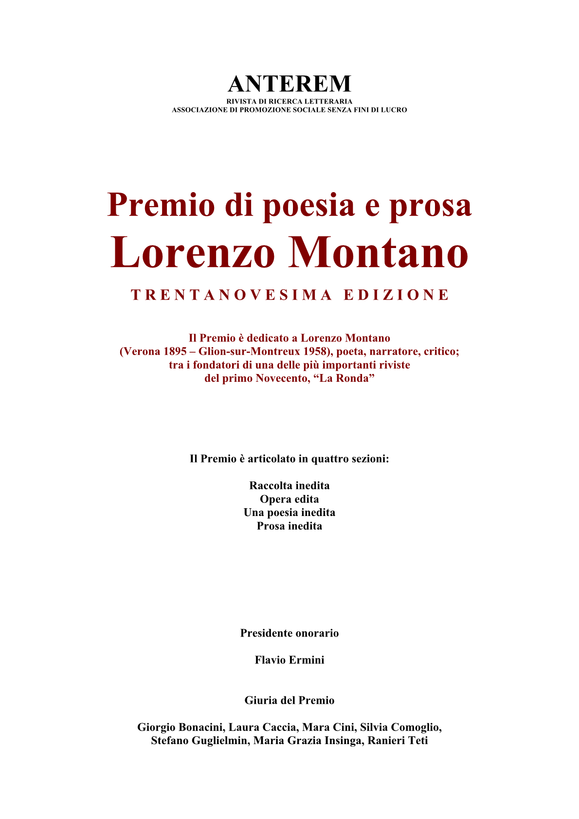 Area dedicata al Bando del premio Lorenzo Montano